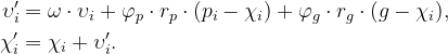 \begin{equation} \label{eq:pso} \begin{aligned}  \upsilon ’_{i} & = \omega \cdot \upsilon _{i} + \varphi _{p} \cdot r_{p} \cdot (p_{i} - \chi _{i}) + \varphi _{g} \cdot r_{g} \cdot (g - \chi _{i}),\\ \chi ’_{i} & = \chi _{i} + \upsilon ’_{i}. \end{aligned} \end{equation}