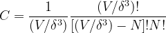 \begin{equation} \label{eq:structNum} C=\frac{1}{(V/\delta ^3)}\frac{(V/\delta ^3)!}{[(V/\delta ^3)-N]!N!} \end{equation}